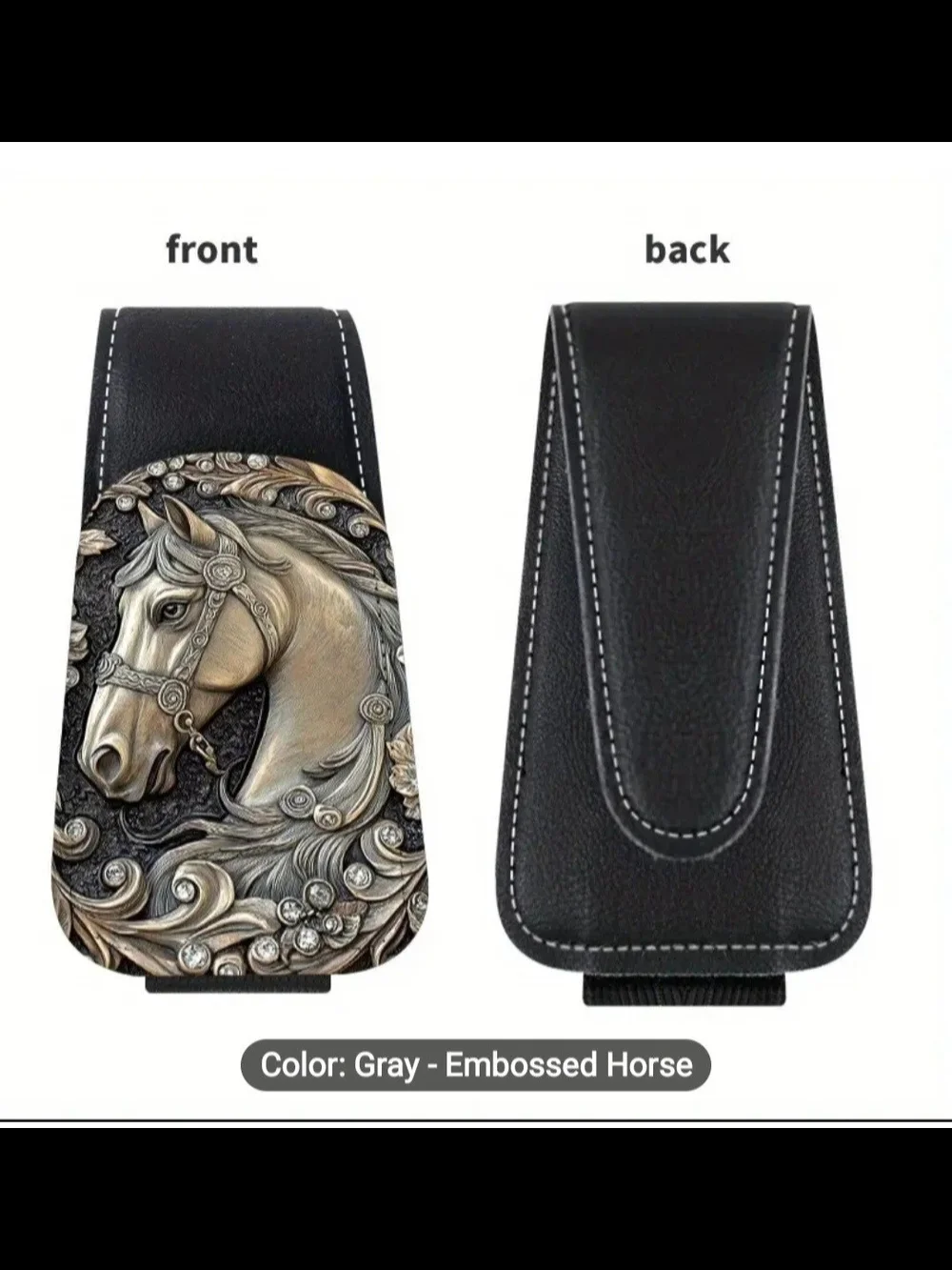 Elegant Leather Embossed Relief Equestrian Horse Head Sun Visor Clip/Card Holder